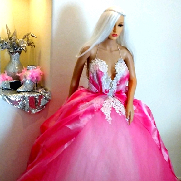 SAMPLE GOWN ONLY - FARRAH Pink Tie Dye Organza & Lace Bridal Ballgown - Picture 1 of 10